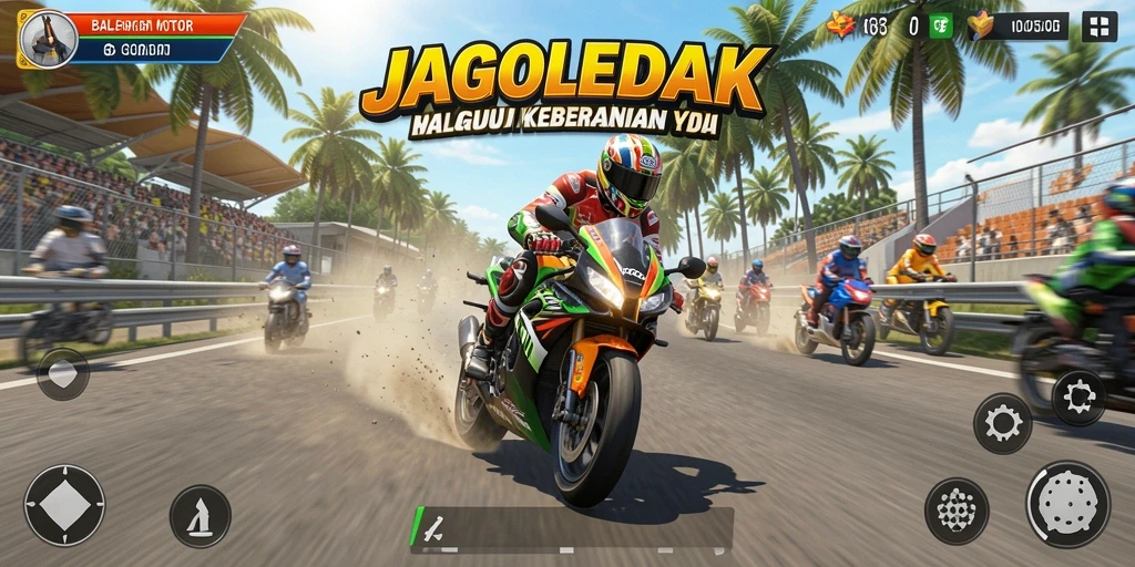 Screenshot utama JAGOLEDAK menampilkan aksi balapan motor yang mendebarkan.