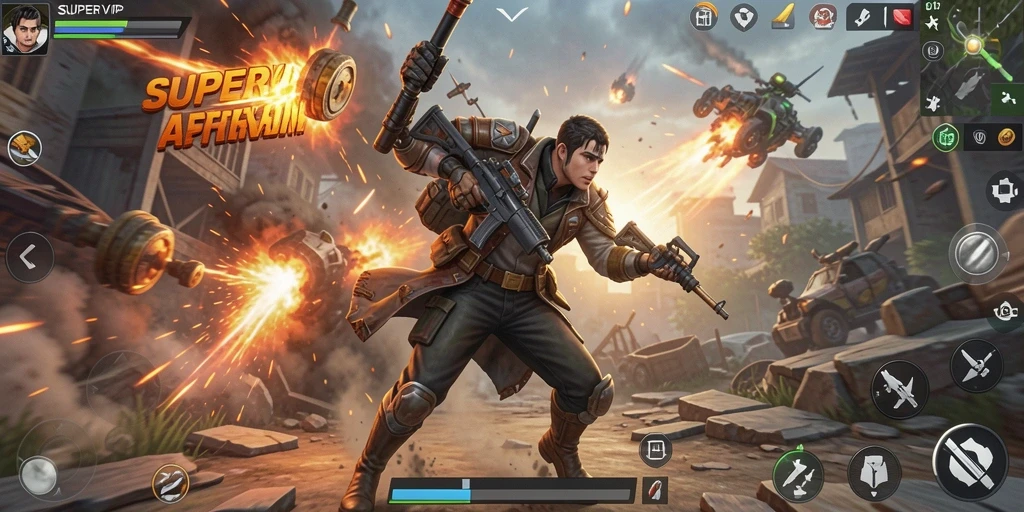 Screenshot SUPERVIP menampilkan aksi pertempuran yang intens.